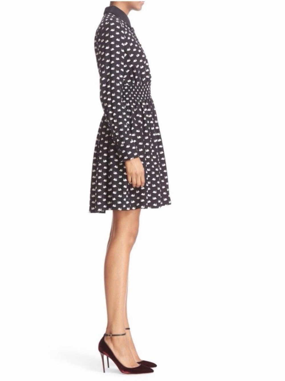 KATE SPADE Swan Print Silk Blend Shirtdress Black Size Large - Picture 7 of 16